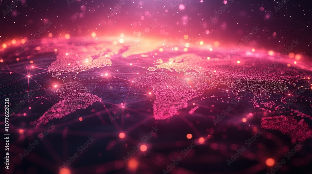Poster futuristic glowing world map with network lines illustrating global digital communication and connec
