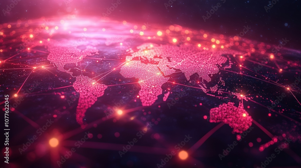 Poster a digital visualization of the world map showcasing global network connections, representing interco