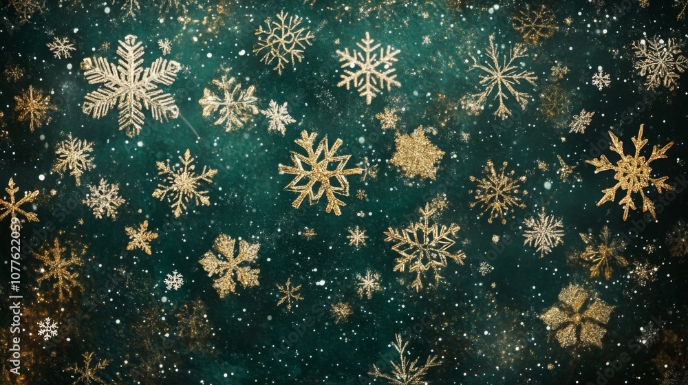Aufkleber A beautiful array of intricate golden snowflakes floats against a rich dark teal backdrop, creating a festive atmosphere perfect for winter celebrations.