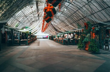 Blurred covered street in Gramado, Rio Grande do Sul State with Christmas décor