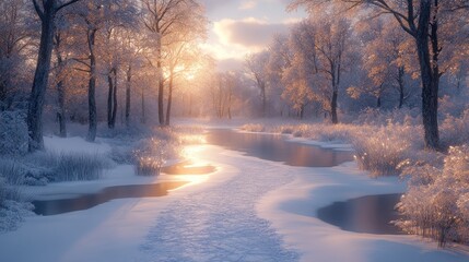 Serene winter landscape with a river and frosted trees at sunset.