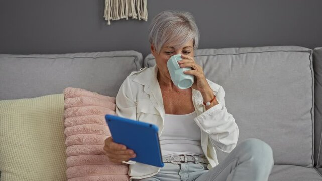 Elderly woman with grey hair using a tablet and drinking coffee while sitting on a cozy sofa in a stylish living room