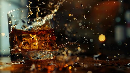 Whiskey Splash: A Close-Up of a Glass of Whiskey with Ice