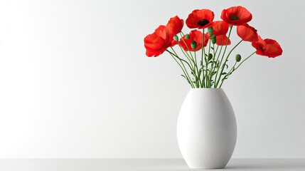 Elegant Red Poppies in White Vase on Clean Background