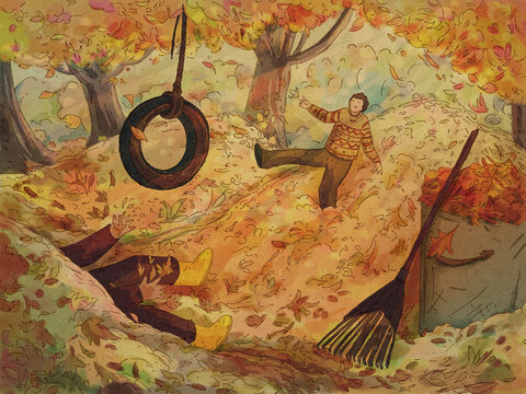 Autumn landscape with people having fun in the foliage