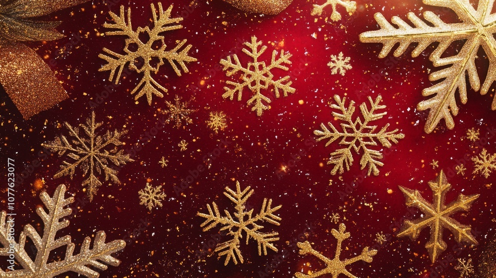 Poster the image captures elegant golden snowflakes scattered across a rich red backdrop, evoking a cheerfu