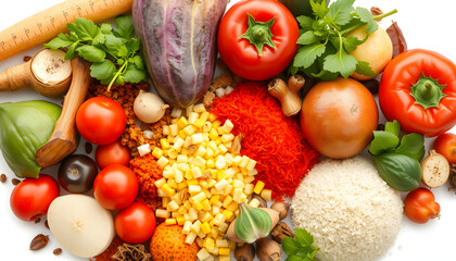 food photography. organic vegetable assortment spices mix background. healthy vegetarian lifestyle concept isolated with white highlights, png