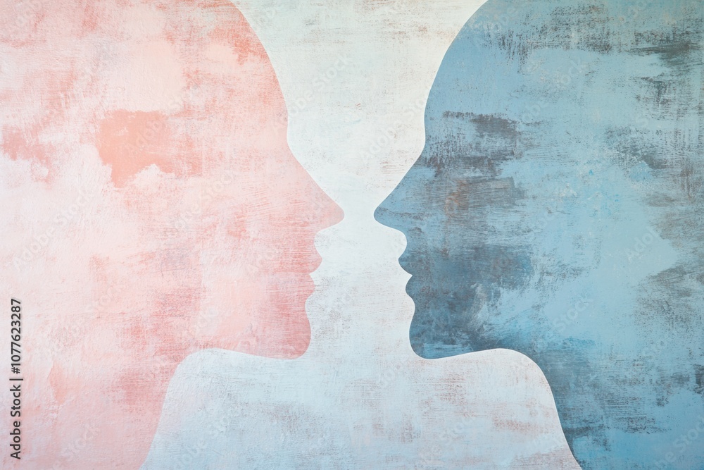 Poster pastel silhouettes of two faces in profile communicate deep emotional connection and empathy through