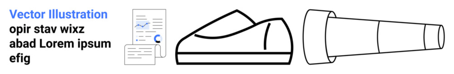 Documents with data graphs, sneaker, and telescope emphasizing analytics, business, fashion and exploration. Ideal for business, fashion, SEO, data analysis, statistics exploration and outdoor