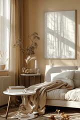 Minimalist Living Room with Beige Sofa, Coffee Table, and Mockup Frame