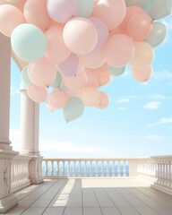 Naklejka premium Pastel colors party balloons on the open terrace of a building, rooftop with ocean view. Minimal creative concept of luxurious living and partying