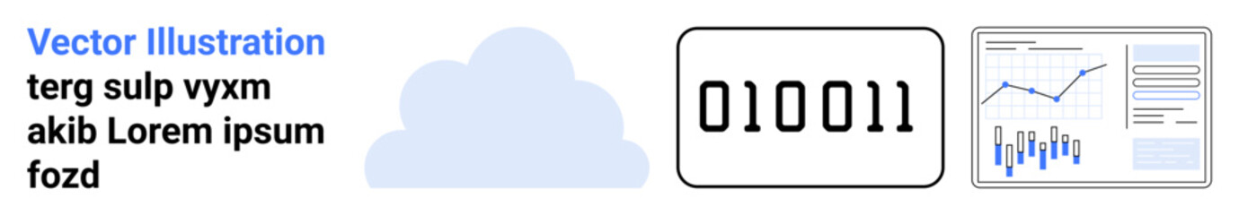 Cloud storage icon, binary code panel, and data analysis charts. Ideal for cloud computing, data management, technology, digital data, information storage, data processing, analytics. Landing page