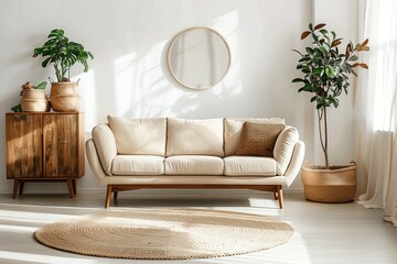 Cozy Scandinavian Living Room with Beige Sofa, Armchair, Wooden Sideboard, and Green Tree