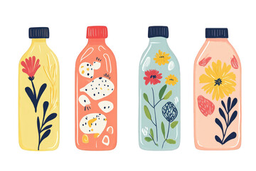 Collection of Bottles with Bright Floral Designs , Simple Shapes and Bright Colors in a Minimalistic Style, isolated on transparent PNG background.