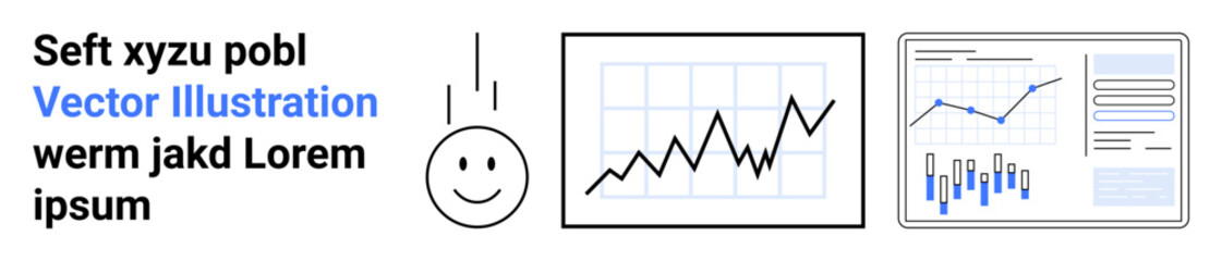 happy face, line graph with zigzag trend, and multiple data charts with various financial metrics. Ideal for business analysis, financial reporting, data visualization, market trends, performance