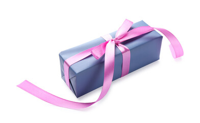 Beautiful gift box with pink bow isolated on white