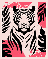 Hand-drawn Graphic Illustration with Tiger and Tropical Leaves.
