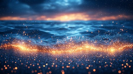A serene ocean scene with shimmering waves and a glowing horizon at dusk.
