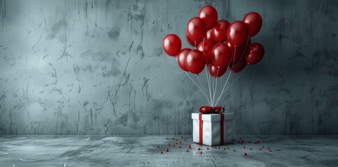 3D rendering of red balloons with gift box on grey background for celebration banner, greeting card, poster template