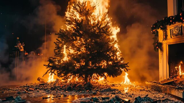 Christmas tree on fire in living room, dramatic holiday safety concept