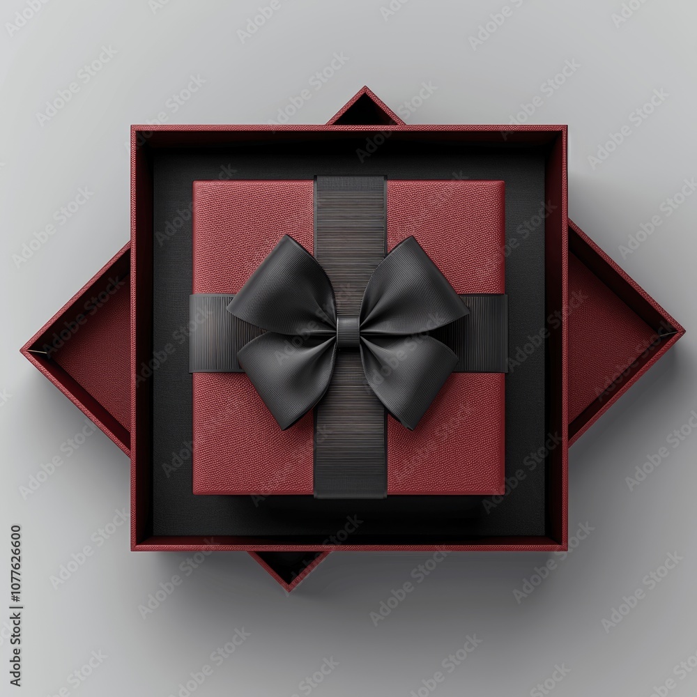 Poster red gift box with open lid and bow - 3d rendering for product display showcase