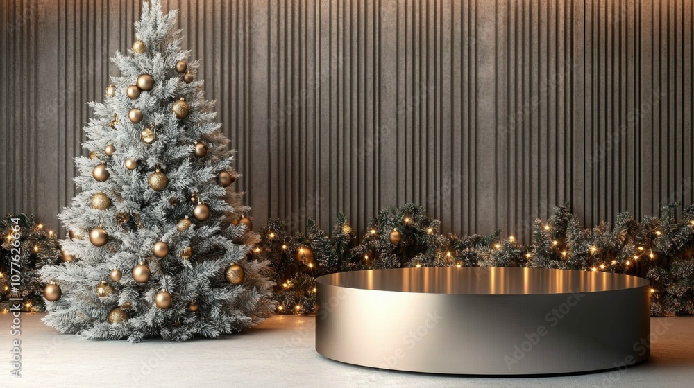 Aufkleber a frosted christmas tree with gold ornaments and lights stands in front of a grey textured wall.