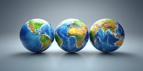 Three Earth Globes Aligned on a Grey Surface