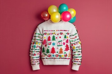 A colorful, festive sweater adorned with holiday motifs, complemented by balloons against a vibrant pink background.