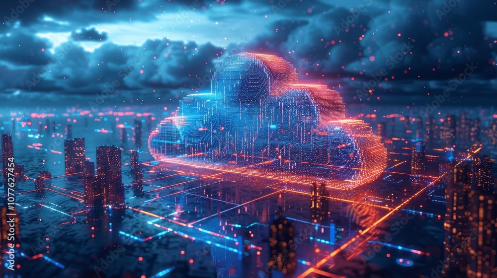 Aufkleber digital technology cloud computing concept with glowing cityscape and data wires
