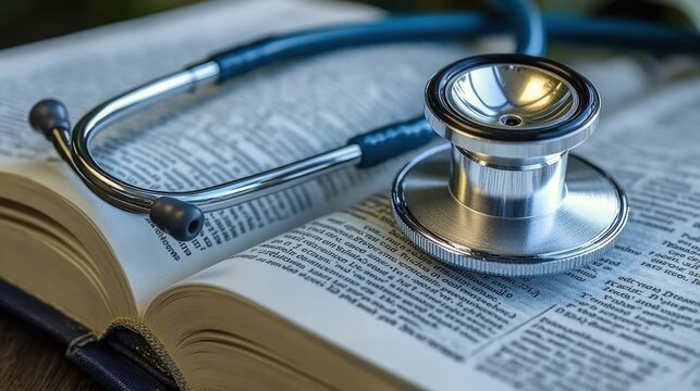 Stethoscope resting on an open medical dictionary.