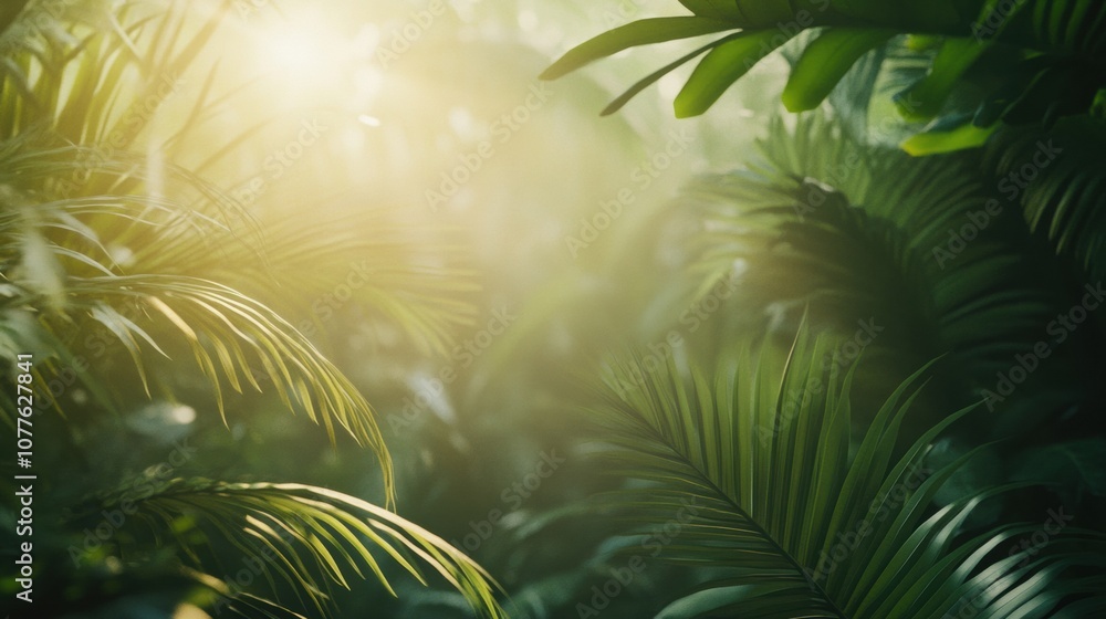 Leinwandbilder sunlight streams through the dense foliage, illuminating the rich greenery of a tropical forest, cre