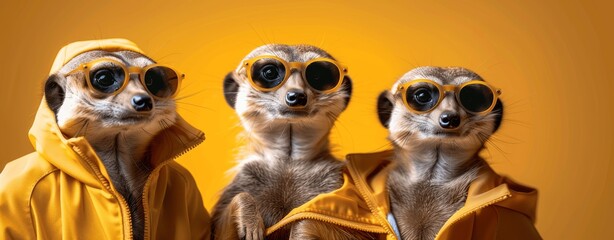 Fototapeta premium Fashionable Meerkats in Sunglasses and Yellow Jackets Isolated on Solid Background for Advertisement Banner or Magazine Cover