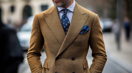 Close-Up of a Man in a Brown Double-Breasted Suit