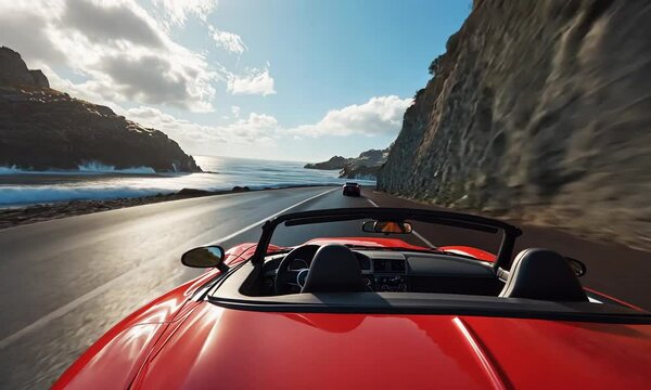 Driving a red convertible car on a scenic road by the ocean