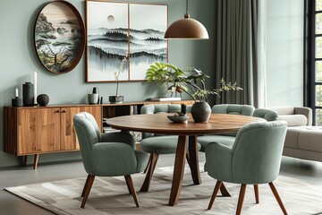 Modern Scandinavian living room with round wooden dining table, mint green sofa, and cabinet near window