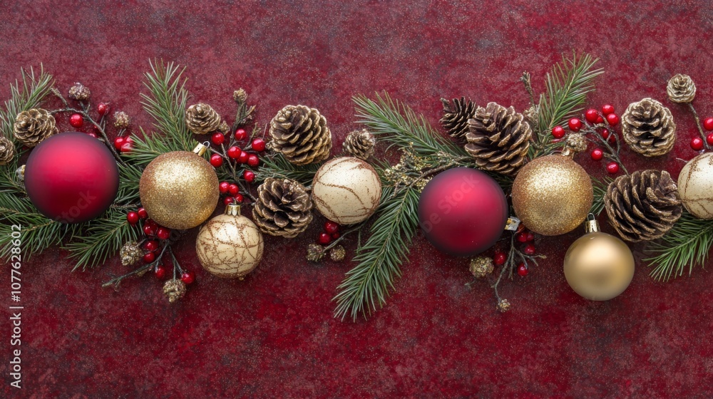 Poster colorful ornaments in red and gold are arranged alongside pinecones and greenery, creating a festive