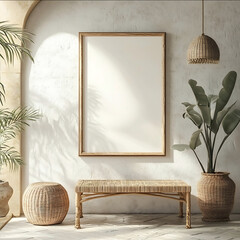 create hyper realistic poster frame hanged in wall in mediterranean room style