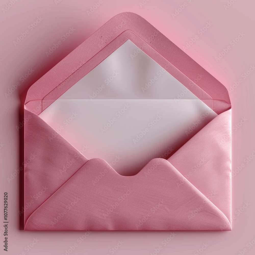 Poster 3d render of open pink envelope with blank white card on pastel background top view