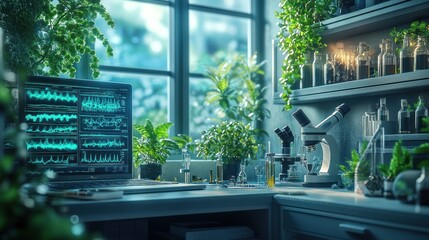 A scientific workspace filled with plants and laboratory equipment.