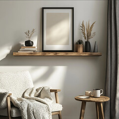 A modern and cozy interior wall with a soft grey color featuring a wooden shelf mounted on the wall with a black framed poster above it On the shelf there are small d