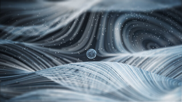 Abstract sphere amidst swirling particles and dynamic lines
