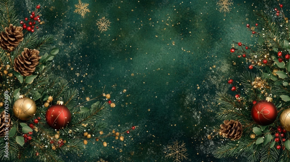 Poster a flat lay image of pine branches with pine cones, berries, and red and gold ornaments on a dark gre