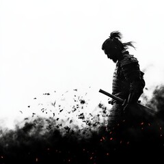 A silhouette of a warrior with a sword, surrounded by swirling smoke and debris, evokes a sense of mystery and strength in a stark, high-contrast setting.