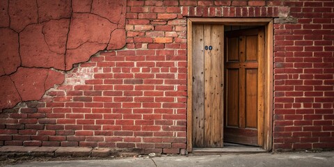 Stained red brick wall behind a wooden door, home exterior design, aged doorway, stone and wood combination