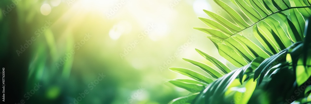 Poster soft sunlight streams through the dense foliage of a tropical forest, illuminating vibrant green lea