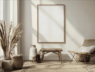 mockup pour un tableau encadre avec une caisse americaine de 60 cm de large et 80 cm de haut mis en situation dans un interieur chaleureux dinfluence scandinave.jpeg