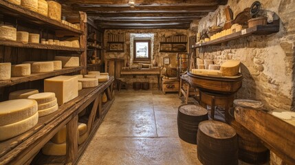Traditional Cheese Storage Room with Wooden Shelves