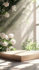 Minimal wood stage for show product on cement floor, in front of white peonies and green plants. The sunlight shines through the window, generative ai