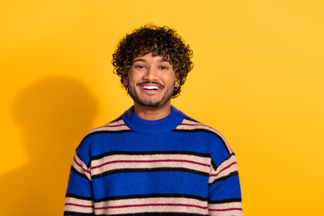 Photo portrait of attractive young man cheerful smile dressed stylish blue striped clothes isolated...