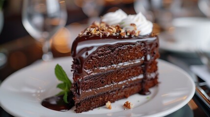 A rich, multi-layered chocolate cake topped with crunchy nuts. Each bite offers a decadent combination of smooth chocolate and nutty texture, creating a perfect balance of sweetness and crunch.